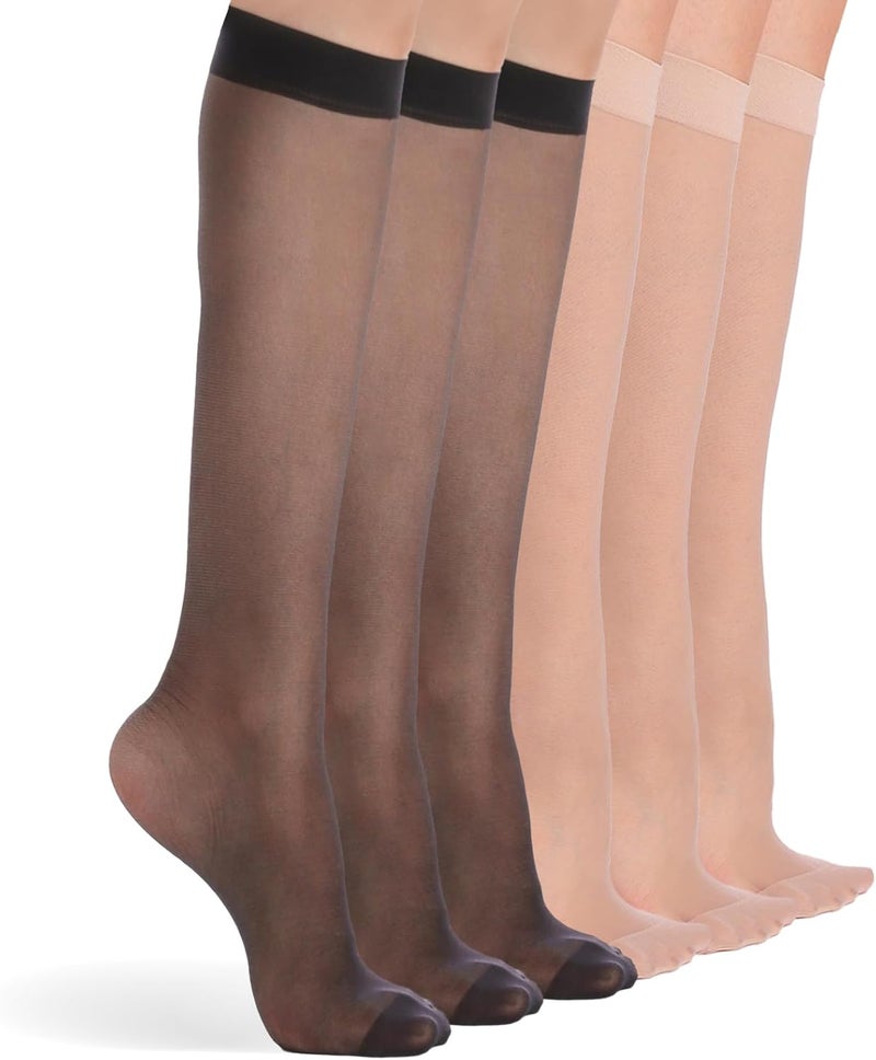 FeinYee 6 Pairs Knee High Stockings for Women, Elastic Fine Sheer Socks with Reinforced Toes 20 Denier Nylon One Size - Image 1
